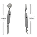 Stainless steel folding cutlery set with knife, fork, spoon, and opener, perfect for outdoor use