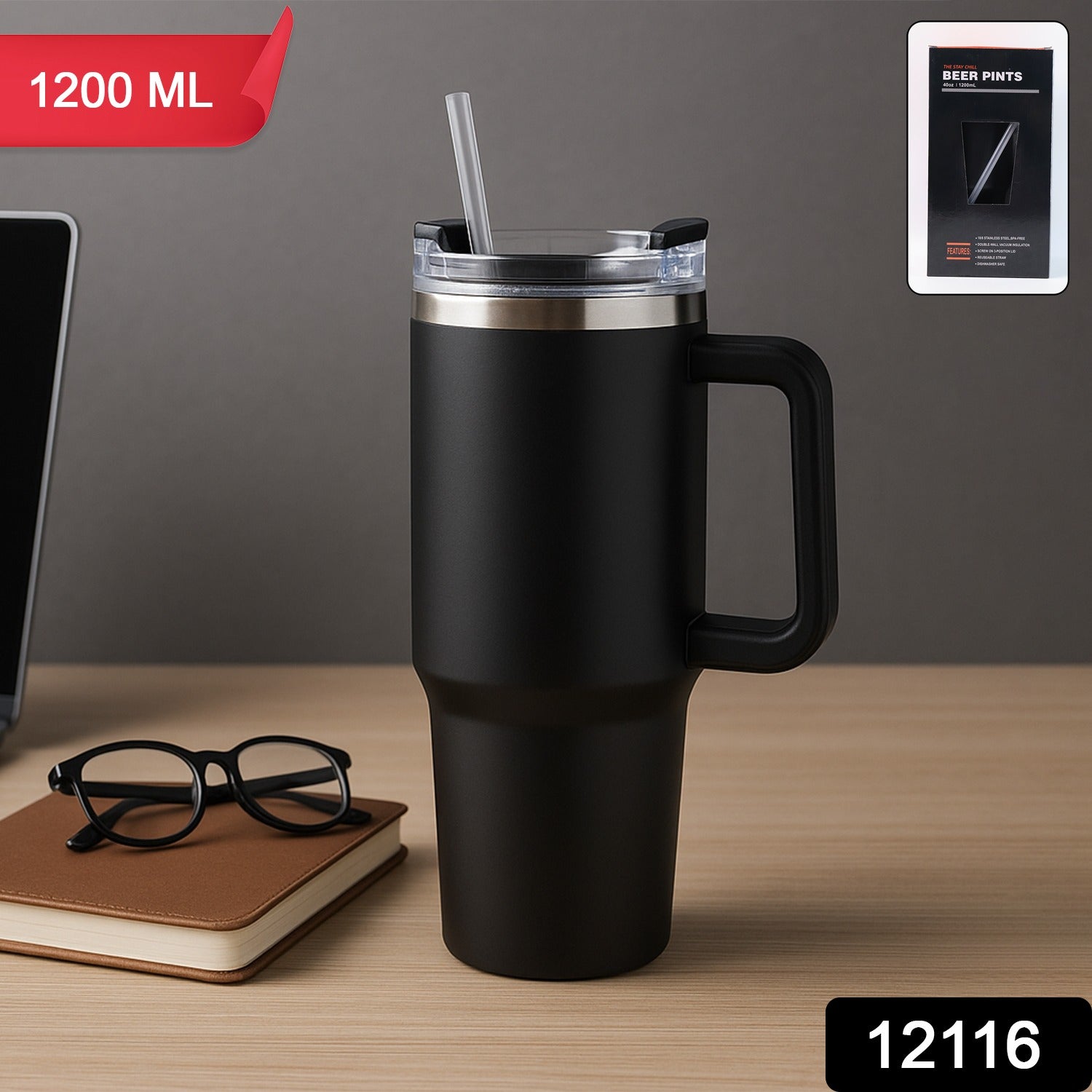 Premium 1200 ML Stainless Steel Vacuum Insulated Travel Mug With Straw And Handle